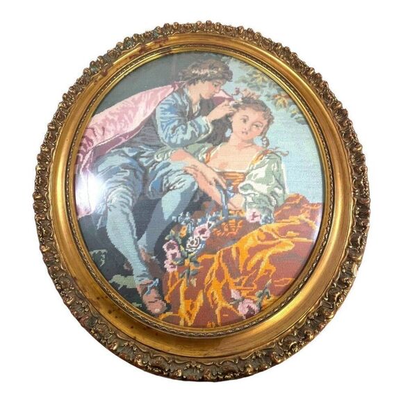 Large Courting Couple Gold Gilt Frame Needlepoint Oval Wall Hanging 24X28 VTG - Picture 1 of 8
